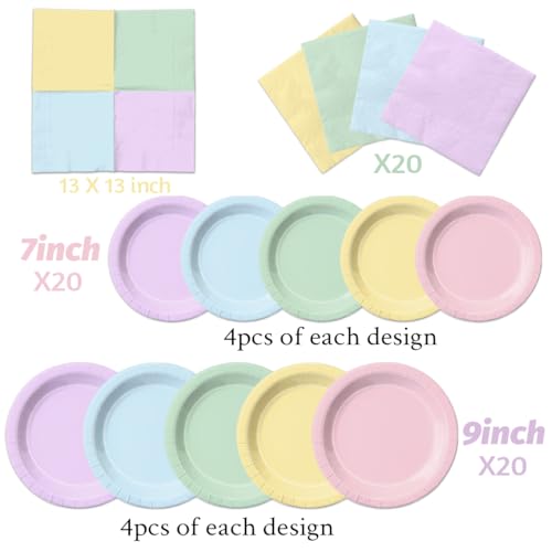 Image of CMUSKO Pastel Party Decorations - 60Pcs Rainbow Plates and Napkins Unicorn Colorful Tableware for Girl Birthday,Baby Shower,Wedding