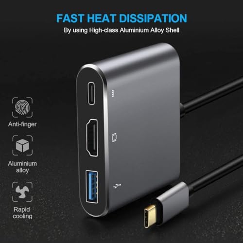 Image of USB HUB Type C to HDMI Hub 3 in 1 Adapter in Metal, Multi Port 4K HDMI, PD Charging Type C Port for MacBook, Chromebook, DELL,HP & Other Type C Phones & Devices (USB C to 3 in 1 HDMI HUB)