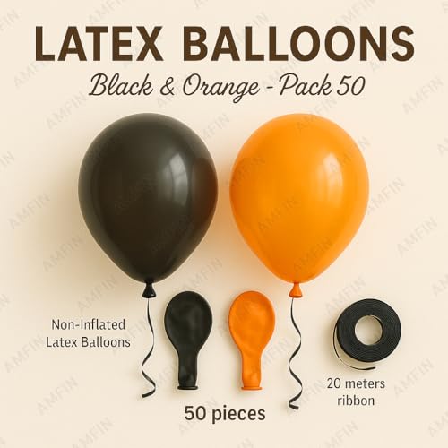 Image of AMFIN (Pack of 50) Halloween Party Balloons | Orange, Black Latex Balloons | Spooky Party Decorations for Birthday, Halloween, Events & Celebrations