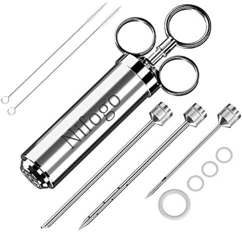 Meat Injector, 304 Stainless Steel Seasoning Injector, Professional Marinade Injector with 3 Professional Marinade Needles and 2 Cleaning Brush, 60ml Large Capacity (Silver)