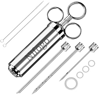 Meat Injector, 304 Stainless Steel Seasoning Injector, Professional Marinade Injector with 3 Professional Marinade Needles and 2 Cleaning Brush, 60ml Large Capacity (Silver)