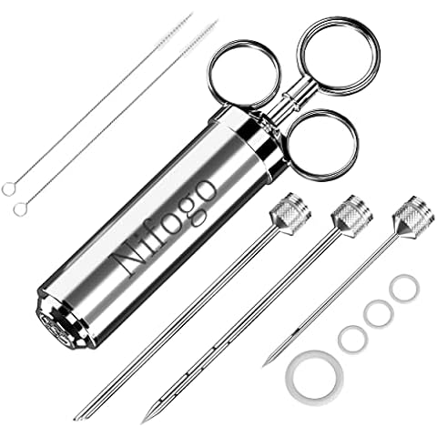 Meat Injector, 304 Stainless Steel Seasoning Injector, Professional Marinade Injector with 3 Professional Marinade Needles and 2 Cleaning Brush, 60ml Large Capacity (Silver) Cover