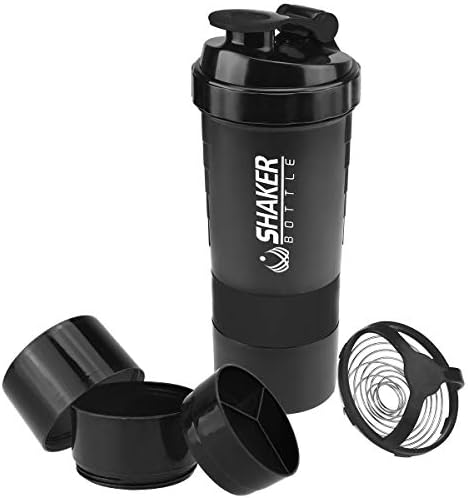 VIGIND Protein Shaker Bottle,Sports Water Bottle,Leak Proof Shake Bottle For Protein Mixer- Non Slip 3 Layer Twist Off 3oz Cups with Pill Tray - Protein Powder 16 oz Shake Cup with Storage,Black