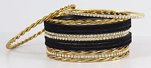 Image of NMII Gold Plated Metal Velvet Bangles Set For Women & Girls with Zircon Gemstone Studded | Traditional Women's Bangles | Designer Gold Bangles | Fashion Jewellery- Set of 28