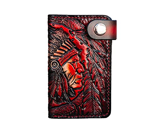 Men's 3D Genuine Leather Wallet, Long Wallet, Biker Wallet, Hand-Carved, Hand-Painted, Leather Carving, Custom Wallet, Personalized Wallet, Indian Head, Red Man, Native American, Chief #TOP10