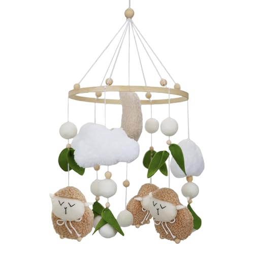 Mobile en bois mouton et lune en feutre pour lit bébé