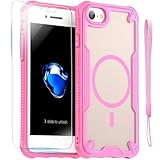 for iPhone 6/7/8，SE2, SE3 Case with Magsafe Magnetic Slim Shockproof Protective Case,Translucent Matte Back with Lanyard Strap and 2*9H Tempered Glass Screen Protector Phone Cover 4.7-inch-Pink