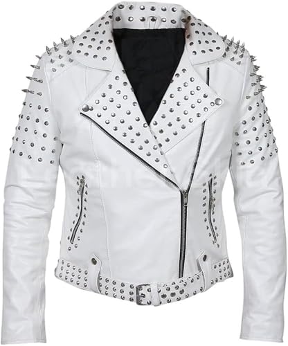 Mens White Leather Studded Jacket Spikes Punk Style Leather Biker Fashion Jacket Rockstar Concert