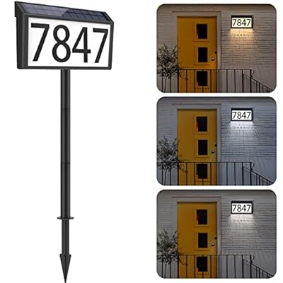 MAXvolador Solar Powered Address Sign House Numbers Waterproof, 3-Color Lighting Modes LED Illuminated Address Plaque with Stakes, Outdoor Address Number