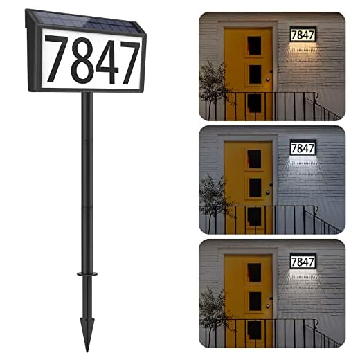MAXvolador Solar Powered Address Sign House Numbers Waterproof, 3-Color Lighting Modes LED Illuminated Address Plaque with Stakes, Outdoor Wall Mounted & In Ground Address Number for Home Yard