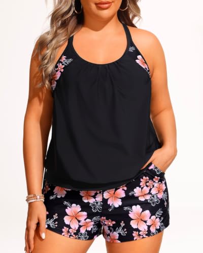 Image of Holipick Plus Size Tankini Swimsuits for Women Two Piece Tummy Control Bathing Suit Blouson Tankini Top with Shorts