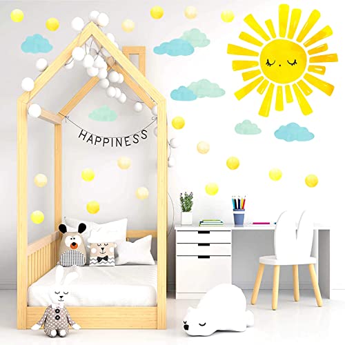 Large Sunshine Wall Stickers Watercolor Sun Cloud Wall Decals Boho Sunlight Wall Stickers Yellow Sun Polka Dot Wall Decals Peel and Stick Big Sunshine Stickers for Nursery Bedroom Kids Room Decor - Image 3