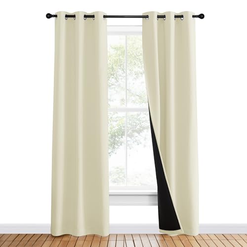 Image of NICETOWN Living Room Completely Shaded Draperies, Privacy Protection & Noise Reducing Ring Top Drapes, Black Lined Insulated Window Treatment Curtain Panels (Beige, 2 Pieces, W37 x L80)