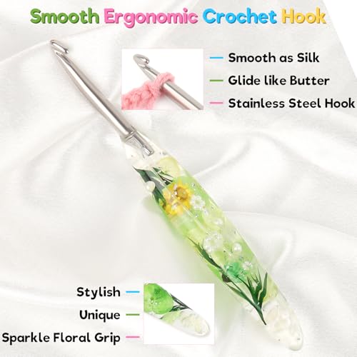 Image of Katech 5.5mm Crochet Hook for Arthritic Hands,Hand-Polished Stainless Steel | Ergonomic Crochet Hooks with Customized Sparkle Dried Floral Grip, Smooth Tapered Hook-Crochet Gift for Beginner & Crocheter