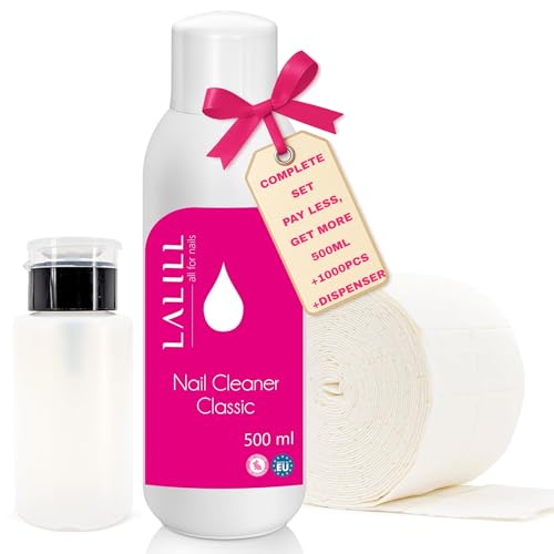 LALILL Limpiador de Uñas 500ml - Set con 1000 Discos de Algodón y Dispensador 200ml - Cleaner Profesional para Uñas de Gel y Acrílicas - Preparador de Uñas con Algodón sin Pelusa
