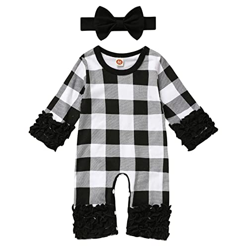 Image of GRNSHTS Newborn Baby Girls Ruffle Romper Solid Long Sleeve Jumpsuit One-Piece Coming Home Clothes With Headband