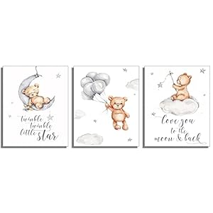Nursery Wall Art Cute Little Bear Moon Love Sentence Cartoon Canvas Art Prints – Set of 3 (8 inches x 10 inches) Wall Art Decor Photos Bedroom Playroom (No framed)