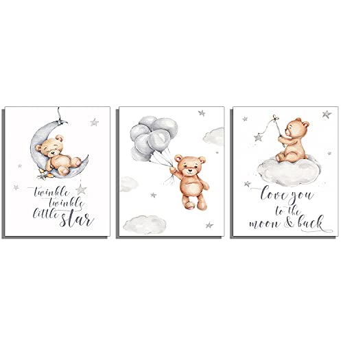 Nursery Wall Art Cute Little Bear Moon Love Sentence Cartoon Canvas Art Prints - Set of 3 (8 inches x 10 inches) Wall Art Decor Photos Bedroom Playroom (No framed)
