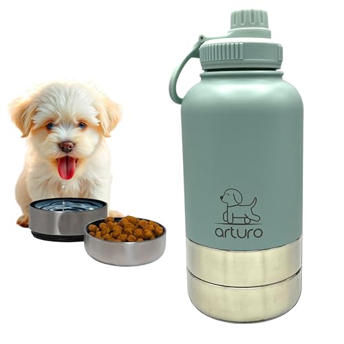 Todo en uno - Termo auténtico Acero - Con plato para comida y plato bebida - Comparte el agua fresca - Botella paseo Perros - Bebedero Perro antigoteo portátil - Termo para agua y comida Verde A
