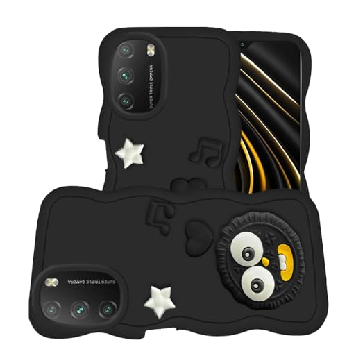 Image of AESTMO Back Case Cover for Poco M3 | 3D Cute Fun Cartoon Characters | Anti Slip Grip Cute Wave Curly Frame Shape | Full Body Protection Back Cover for Poco M3 (Black)