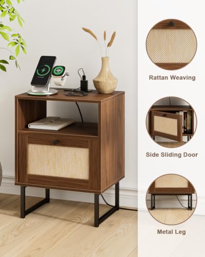 Image of Rattan Nightstand with Charging Station, Boho Night Stand Farmhouse Wood Bedside Table with Storage and Open Shelf, End Side Accent Table for Bedroom,Living Room,Walnut