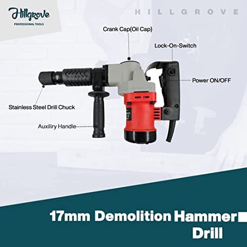 Image of Hillgrove HGCM1053M3 17mm Demolition Chisel+Hammer Concrete Breaker Drill Machine with 2 Bits for Breaking Concrete Wall /Hammer Drill 17 mm Chuck Size, 1200 W