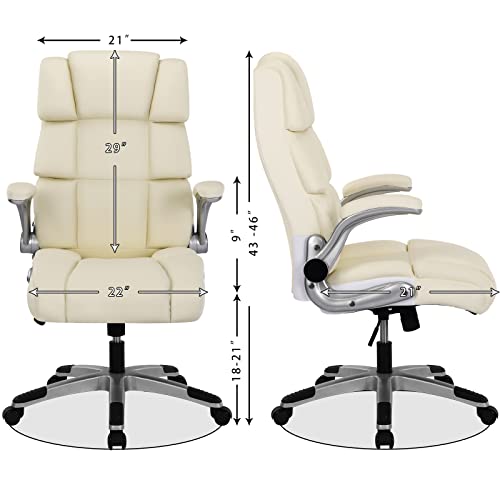 Kcream Office Chair With Memory Foam Back Support Flip-Up Armrests, Executive Chair Swivel Rolling Pu Leather Chair Home Office Desk Chairs Adjustable Height/Tilt, 300Lb Weight Capacity (Beige) #TOP2