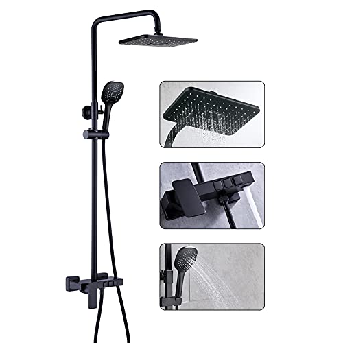 Système de douche exposé en laiton noir à 3 fonctions pour installation murale