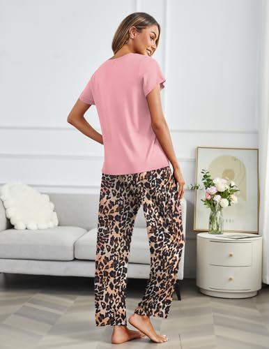 Image of Ekouaer 2 Pack Pajamas for Women Set Short Sleeve Pj Top and Printed Pants | Soft PJs Cozy Printed Lounge Sets Comfy Sleepwear with Pockets