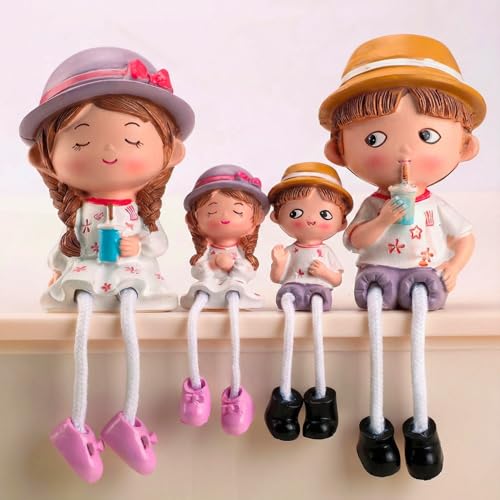 Elegant Lifestyle Decorative Family Set Showpiece - Polyresin Hanging Legs Statues - Cute Cabinet Figurines With Sipper Drinks (4 Pcs Set, Multicolor)