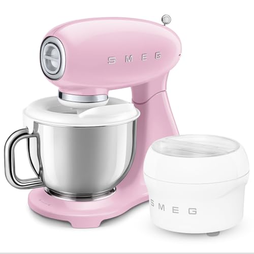Smeg, Planetaria SMF05PKEU Full Color Robot pétrisseur 10 vitesses, démarrage en douceur et Steady Mix, bol de 4,8 l, bloc moteur, 3 fouets et crochet pétrisseur, 800 W, rose