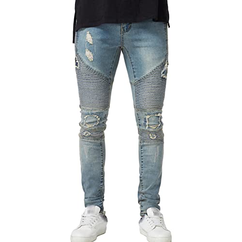 Jeans motard à plis haut de gamme finition rétro délavée homme