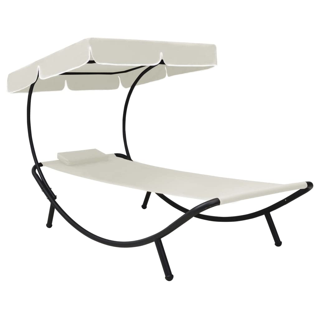 Garten-Sonnenliege Cremeweiß mit Kissen verstellbar klappbar faltbar wetterfest Dach Sonnenschutz für Terrasse Balkon Pool Outdoor Lounge Relaxliege mit Armlehne und Polster
