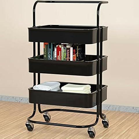 Storage Rack Movable Shelf 3 Layers with Wheels for Bathroom Kitchen Organizer (Black) Cover