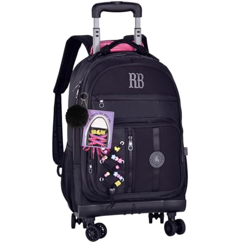 Rebecca Bonbon Mochila Escolar Infantil com Rodinhas, Carrinho 360°, Alças Acolchoadas, Bolsos Espaçosos, Compartimento para Notebook, Uso Versátil para Meninas (Preto)