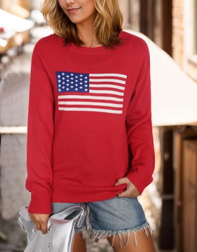 Image of Womens American Flag Sweater Crew Neck Casual Pullover Sweater