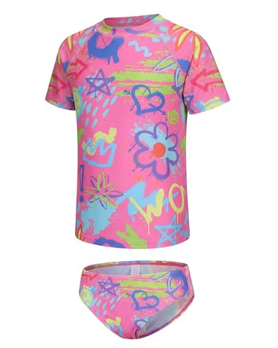 Image of Girls Two Piece Swimsuits Short Sleeve Rash Guard Swim Shirt Bikini Bottom Swim Set Bathing Swim Set Swimwear 3-16 Years