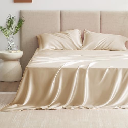 Love's cabin California King Satin Sheet Sets - 4 Piece Beige Silky Sheets Bed Set with Deep Pocket, Luxury Silk Feel Satin Cal King Sheet Set (1 Flat Sheet,1 Fitted Sheet,2 Pillow Cases)
