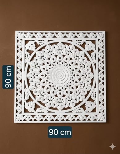 Image of Wall panel Floral MDF Wall Decoration Panel, Hanging Wood Carving Wall Decoration Panel for Living Room, Bedroom, Hallway, Office Wooden Wall Hanging Plaque, Wood Carving (Square White)