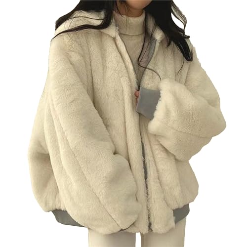 Women's Oversized White Faux Fur Jacket with Gray Trim Detailing and Full Zip Closure for Winter Warmth (White,Small)
