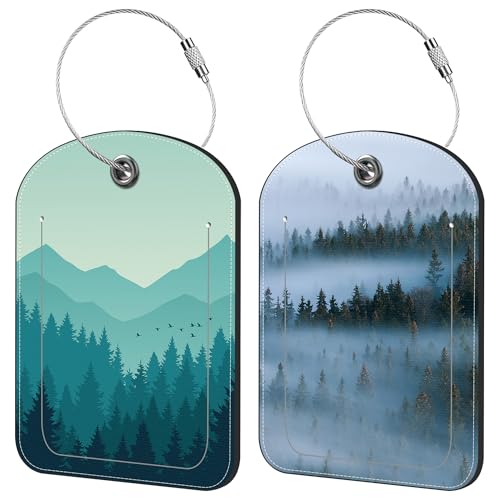 iapodiad Misty Forest Luggage Tag for Suitcase Set of 2 PU Leather Cute Luggage Tags with Stainless Metal Loop ID Label Privacy Flap Suitcase Tags for Women and Men Travel