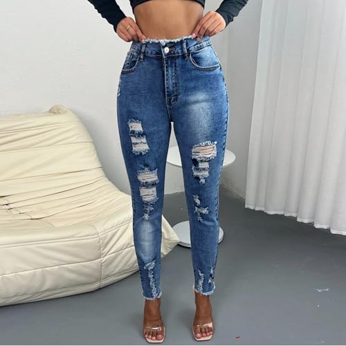 fanmpghleoo Ripped Jeans Womens High Waisted Frayed Hem Skinny Jeans Trendy Jeggings with Pockets Denim Jogger Cowgirl Pants3