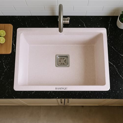 Image of BASINQU BASINQU Quartz Kitchen Sink 24 x 18 x 9 Inch Granite Kitchen Sinks Single Bowl Rosa Quartz Sink for Kitchen Basin Sound Dampening Scratch Resistant UV-Protected Noise Reducing