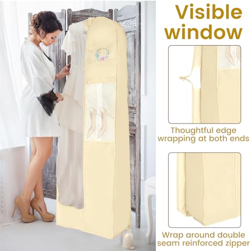 Portable Wedding Dress Garment Bag, 72” Tri-fold Bridal Dress Bags for Gowns, 3 Pockets Dress Cover for Women & Bride Tote Bag, Waterproof Dress Cover for Closet Wardrobe (Beige)3