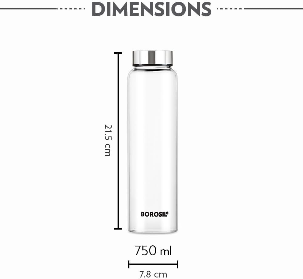 Borosil Crysto Wide Mouth Glass Water Bottle with Stainless Steel Lid | 750ml, Borosilicate Glass, Leakproof, Easy to Carry, Fridge & Dishwasher Safe | Can Use For, Lassi, Juice, Smoothies (4 Pc Set)
