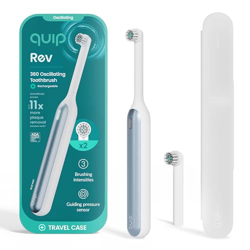 Quip Rev 360 Oscillating Rechargeable Electric Toothbrush with Extra Brush Head - Soft Bristles, Pressure Sensor, 3 Intensities, 30-Day Battery, 2-Min Timer, Travel Case, Mirror Mount - Blue Mist Quip Rev 360 Oscillating Rechargeable Electric Toothbrush with Extra Brush Head - Soft Bristles, Pressure Sensor, 3 Intensities, 30-Day Battery, 2-Min Timer, Travel Case, Mirror Mount - Blue Mist