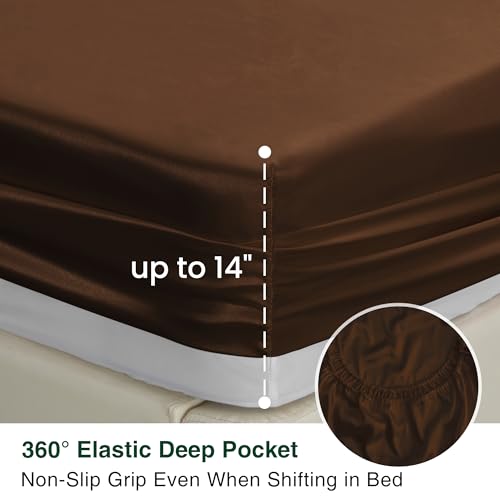 Love's cabin Satin King Sheet Sets - 4 Piece Brown Silky Sheets King Size Bed with Deep Pocket, Luxury Silk Feel King Size Satin Sheet Set (1 Flat Sheet,1 Fitted Sheet,2 Pillow Cases)