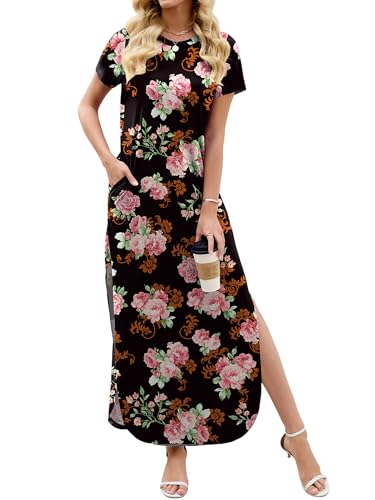 Image of Heymoments Womens Summer Maxi Dress Short Sleeve Casual Loose Long T Shirt Split Vacation Beach Sundress with Pockets