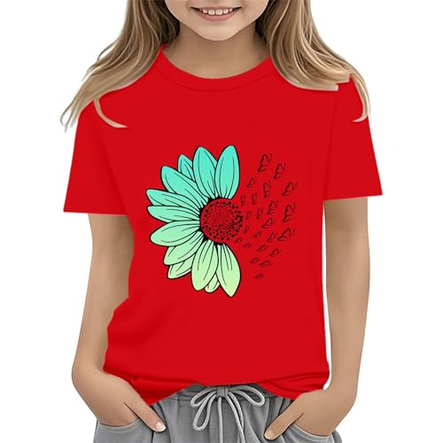 Girls Loose Fit Sunflower Graphic T Shirts Short Sleeve Crewneck Cute Pattern Printed Tops Kids (I-Red, 10-11 Years)