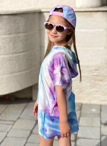 Image of Girls Summer Outfits Kids Hooded-Shirts and Elastic Waist Shorts Sets | short sleeve drop shoulder hooded shirt and shorts with two pockets tie dye leopard letter